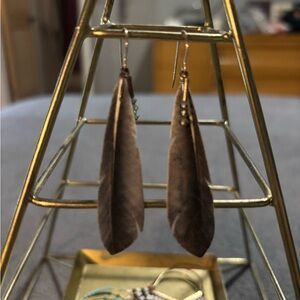 Long Brown Feather Drop Earrings